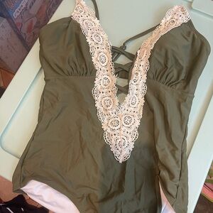 Cupshe Deep V Lace Olive Swimsuit